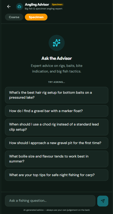 CatchMate Specimen angling advisor screen showing suggested questions about rigs, baits, and big fish tactics