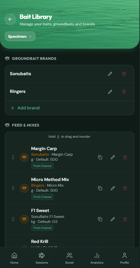 CatchMate Specimen bait library screen showing groundbait brands, feed and mixes list